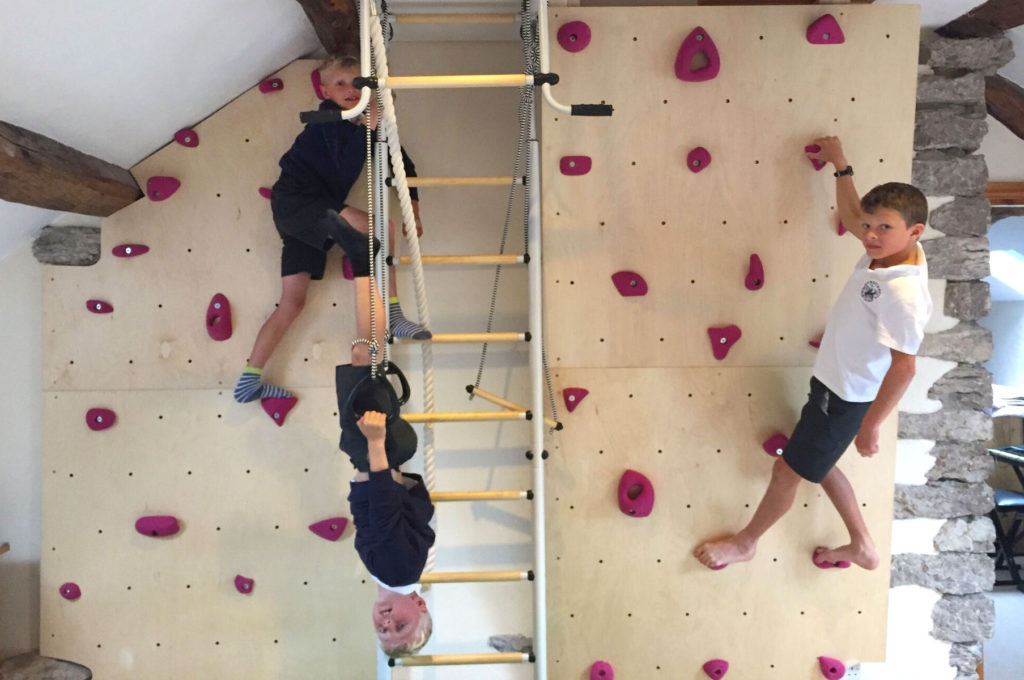 Boys climbing bedroom wall